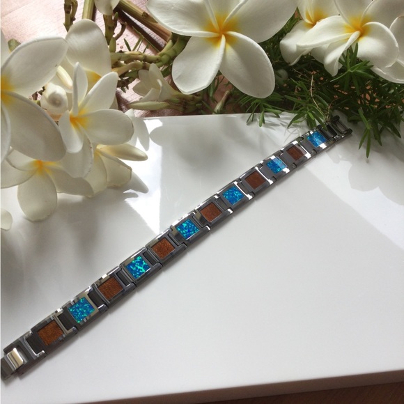 Square Blue Opal &Koa Wood inlaid Tungsten’s Man bracelet.